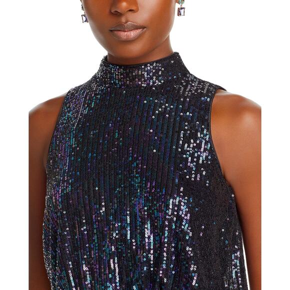 Eliza J Sequined Feather Hem Mini Dress Party Glam Mockneck Sleeveless US 6 NWT - Picture 4 of 13